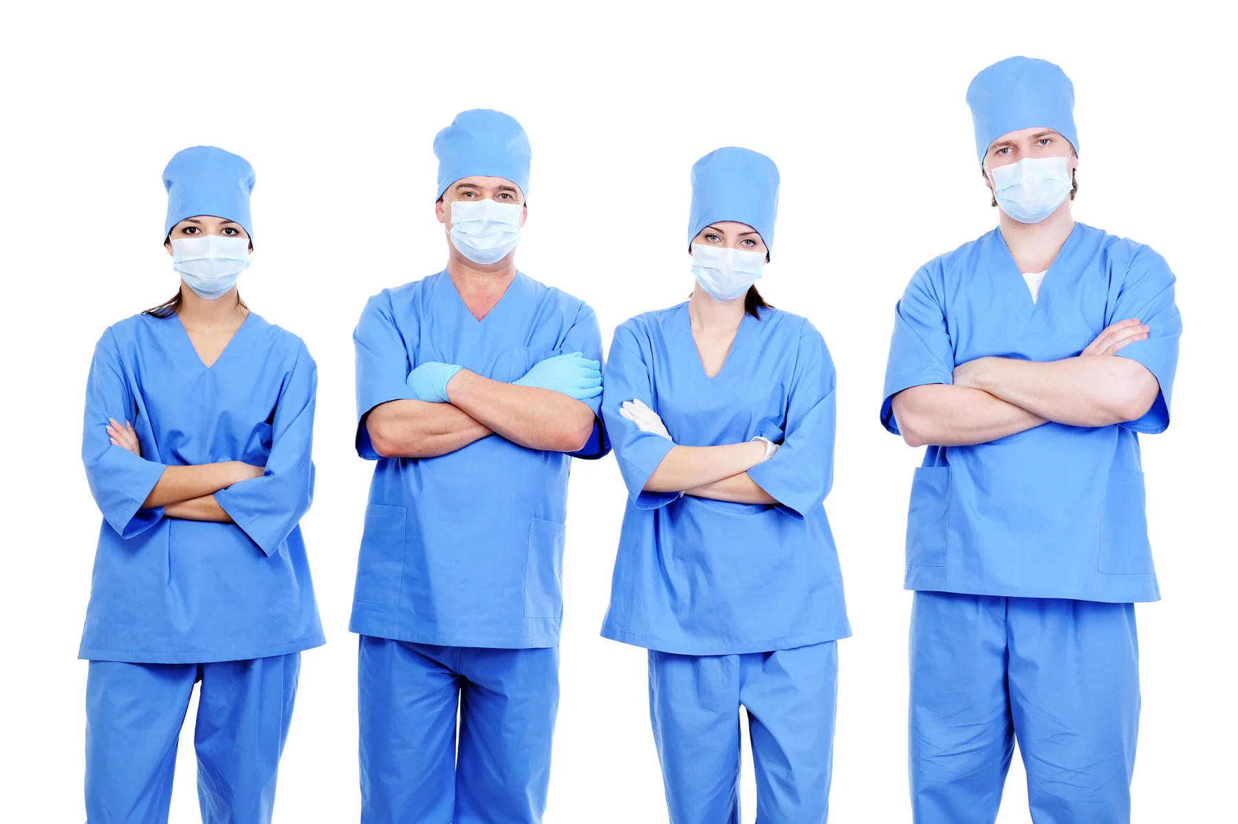 Healthcare team in coordinated blue medical uniforms