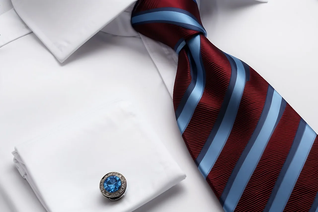 Close view of a white shirt and striped tie