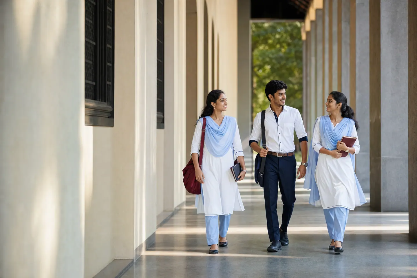 Students in coordinated academic uniforms walking through a campus