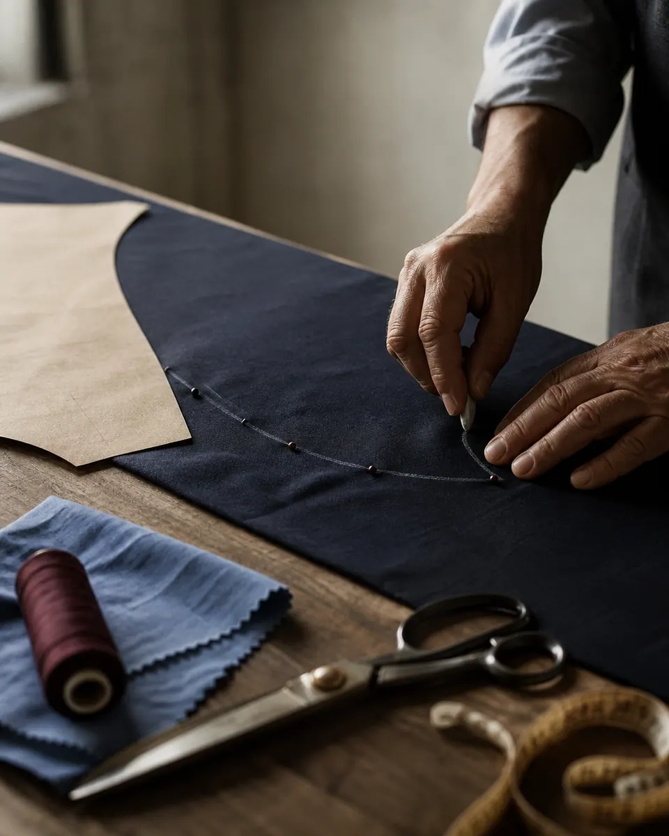 Hands marking fabric around a garment pattern