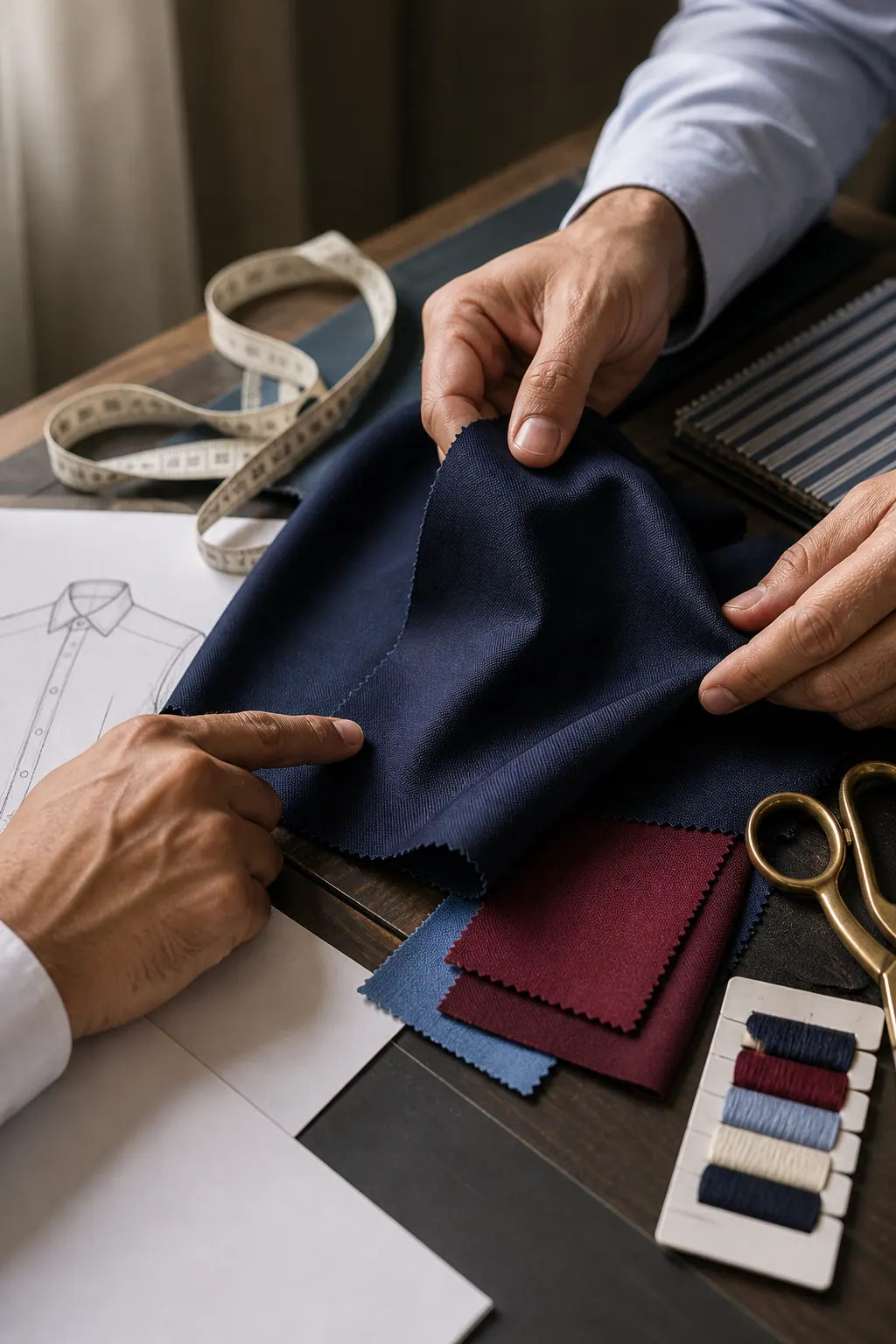 Hands comparing navy uniform fabric with tailoring tools and colour swatches