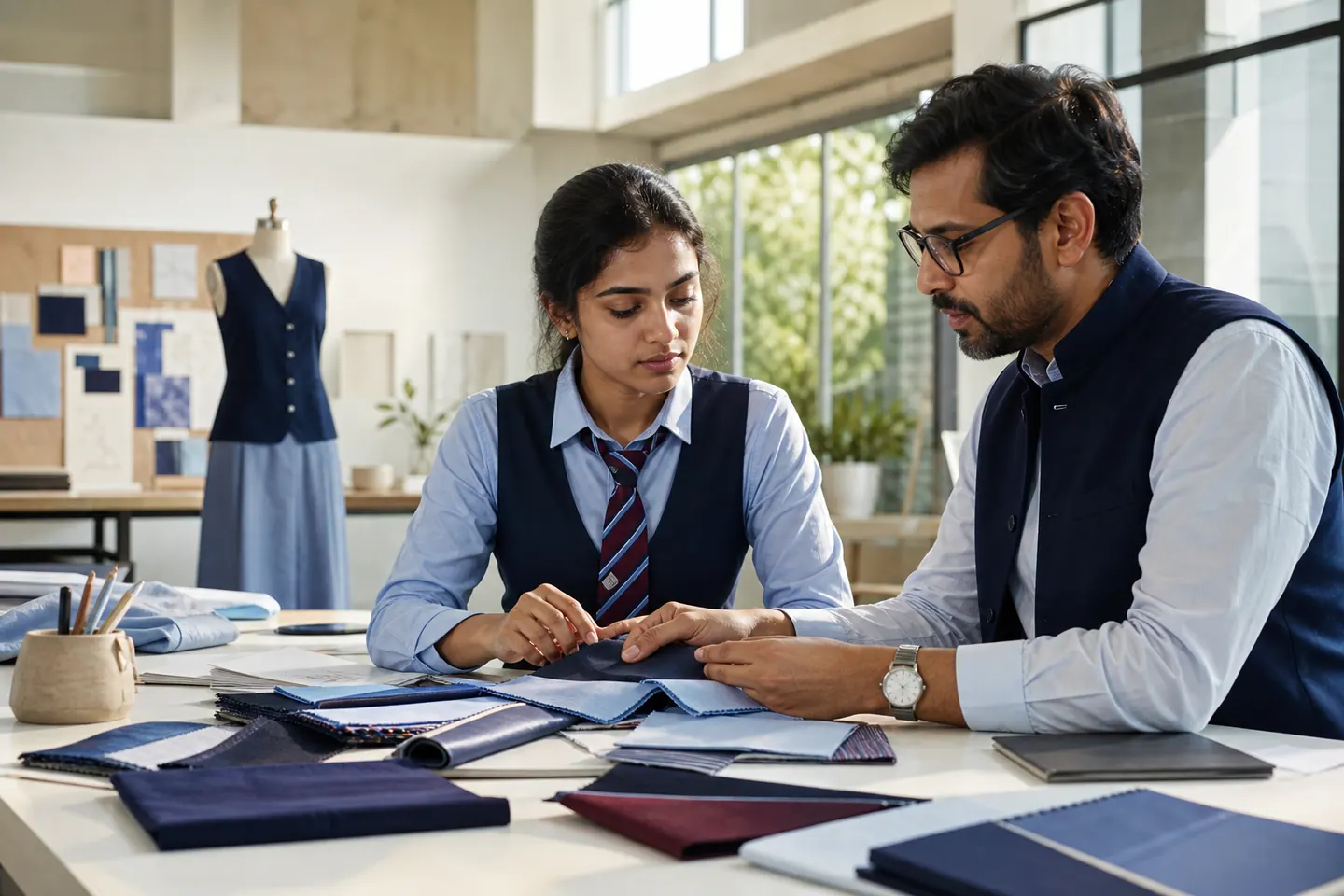 An academic uniform consultation with coordinated fabric swatches