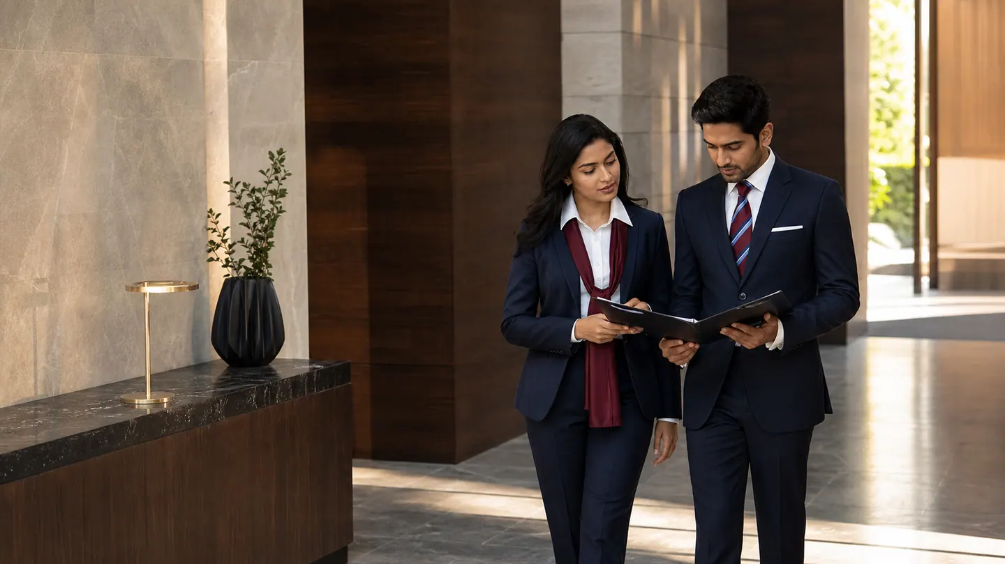 Corporate professionals in a coordinated navy and oxblood uniform system