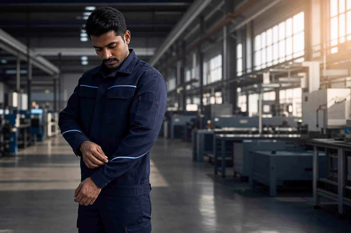 An industrial professional inspecting the fit of navy workwear